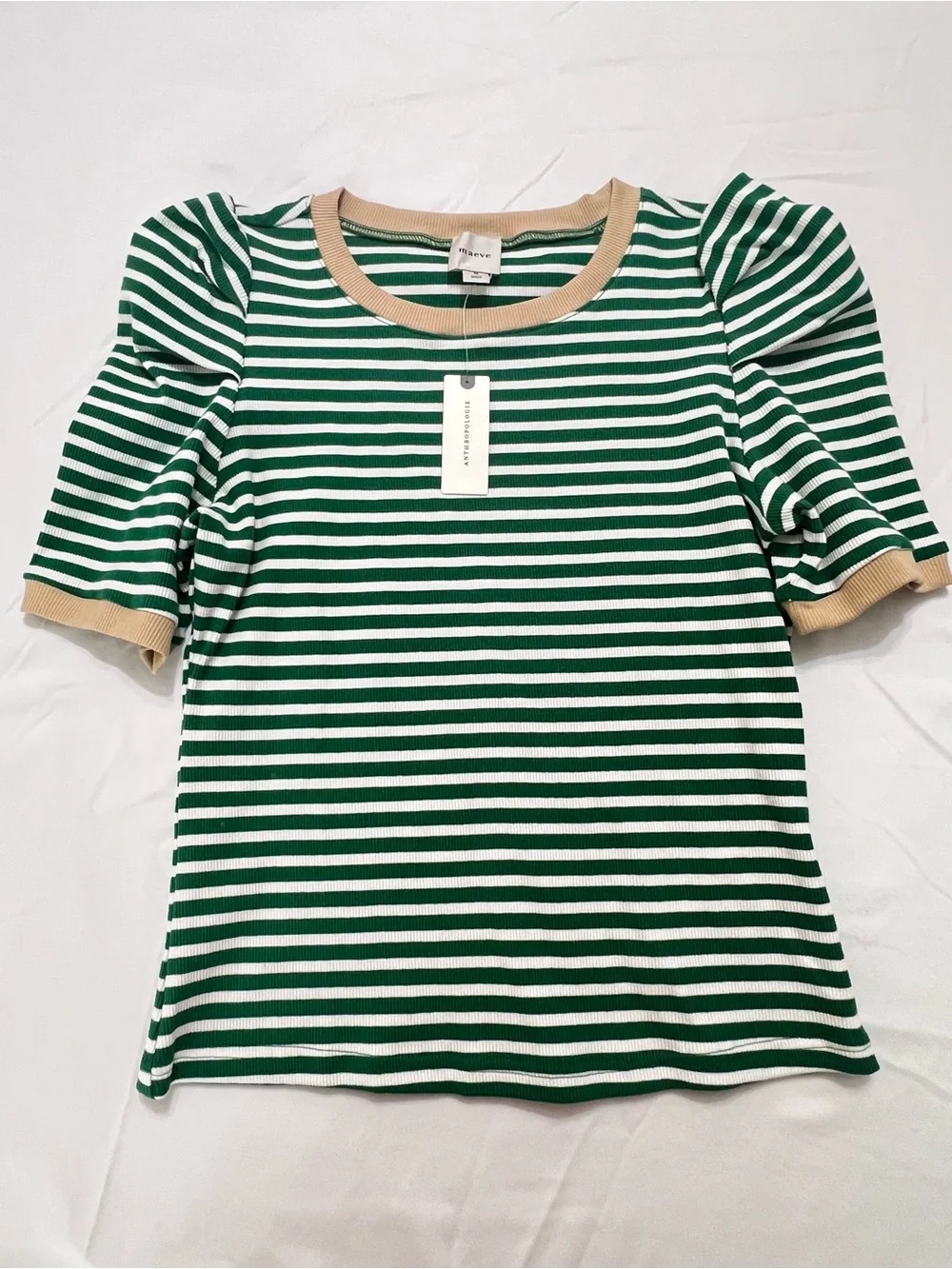 NWT Maeve Anthropologie Green Stripe Puff Sleeve Rib Knit Top M - Picture 11 of 12